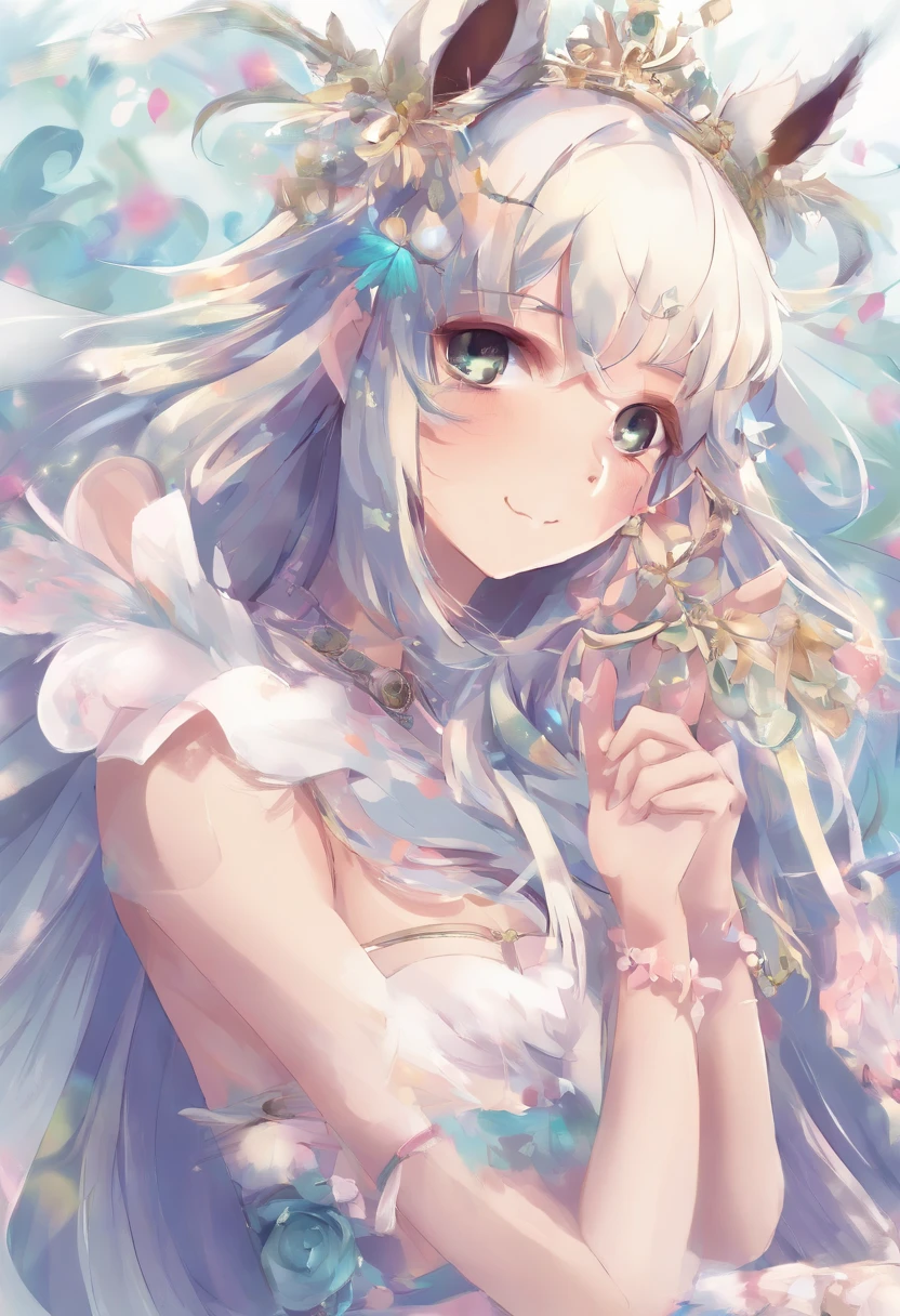 1 Girl, animal_ear_Brushed, animal_ears, Bangs, only_Shoulder, Black_hair, blush, breast, cexist_ears, close_Mouth, Eyebrow_visible_pass_hair, green_Eye, grey_background, hair_between_Eye, Caril_(Princess_connect!), long_hair, Watching_exist_Viewer, Moderate_breast, colourful_hair, shirt, simple_background, Sleeveless, Sleeveless_shirt, Solitary, superior_Body, White_background, White_shirt,