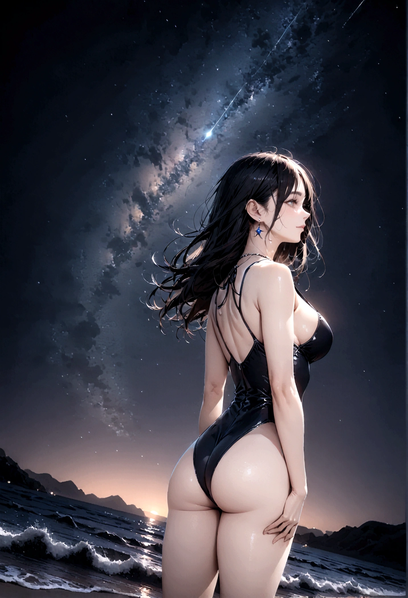 8k, masterpiece, RAW Photos, highest quality, Realistic, Very detailed, Depth of written boundary, Cinematic Light, Anatomically correct body,
One beautiful 40 year old woman, Very beautiful face, Exquisitely detailed face, (A calm and gentle face:1.4), Very delicate skin texture, Transparent muscle, Shiny white skin, Glamorous Body,
(Wavy black long hair:1.2), Sexy Breasts, Sexy ass,
(See-through high-leg swimsuit:1.2), (Detailed cloth texture:1.2), (Gorgeous necklace:1.1), (Gorgeous earrings:1.1),
(Dark starry background:1.4), (Milky Way:1.1), (milky way:1.1), (shooting star:1.1), (Dark coastline at night:1.4), (Pitch black sea surface:1.4),
(Standing on the beach:1.2),
(Low angle shot:1.3),