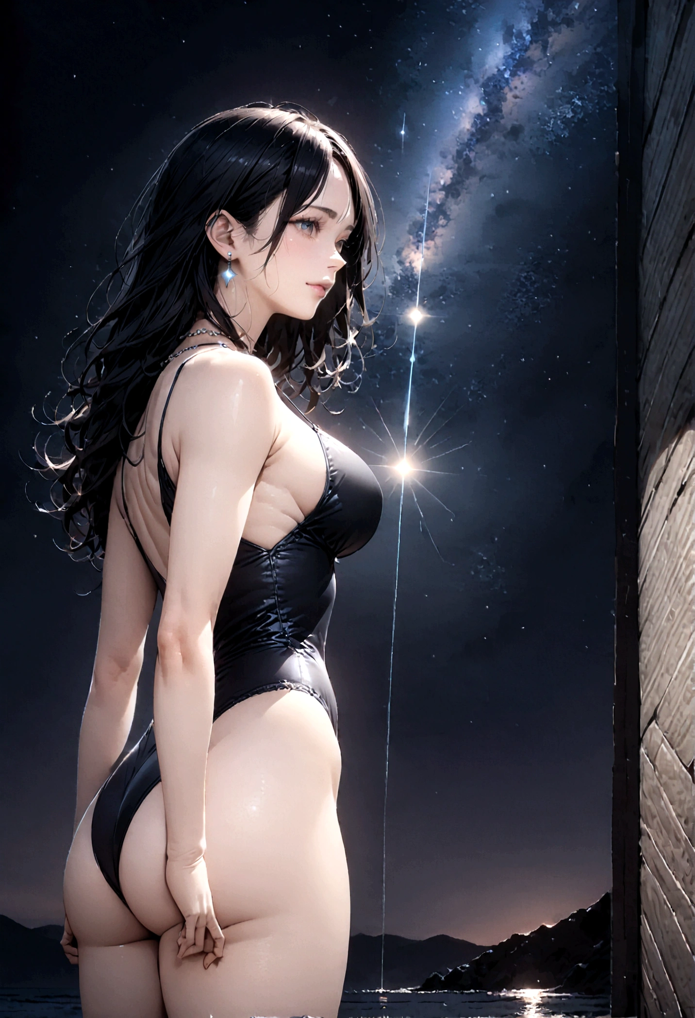 8k, masterpiece, RAW Photos, highest quality, Realistic, Very detailed, Depth of written boundary, Cinematic Light, Anatomically correct body, 
One beautiful 40 year old woman, Very beautiful face, Exquisitely detailed face, (A calm and gentle face:1.4), Very delicate skin texture, Transparent muscle, Shiny white skin, Glamorous Body, 
(Wavy black long hair:1.2), ???? ???????, ???? ???, 
(See-through high-leg swimsuit:1.2), (Detailed cloth texture:1.2), (Gorgeous necklace:1.1), (Gorgeous earrings:1.1), 
(Dark starry background:1.4), (Milky Way:1.1), (milky way:1.1), (shooting star:1.1), (Dark coastline at night:1.4), (Pitch black sea surface:1.4), 
(Standing on the beach:1.2), 
(Low angle shot:1.3), 
