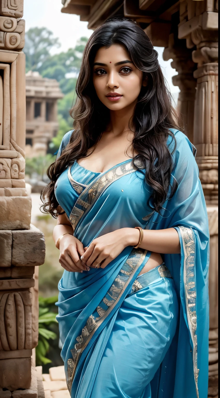 (RAW shooting, Photoreal:1.5, 8K, highest quality, masterpiece, ultra high resolution), (perfect dynamic composition:1.2), (Highly detailed skin and facial textures:1.2), (Slim office lady:1.3), (Fair skin:1.2), (beautiful and aesthetic:1.1), (very beautiful face:1.2), Young Indian woman, (blue saree:1.2) , sunny day, detailed body, detailed face, ultra realistic, charming, cute, big hazel eyes with long curly hair, soft milky breast, perfect fingers, soft natural lighting, (ancient Indian temple background:1.3) , detailed background, 8k