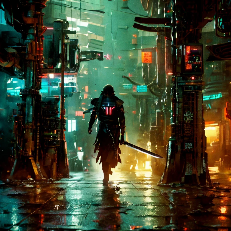 (rule of thirds),((ultra realistic illustration:1.3)).(dark sci-fi),(cyberpunk:1.3). A cold, gritty dystopic mega city at((night)), a gloomy place of despair, brutalism. A cybernetic ninja, a 25 yo Japanese man, with a white ponytail, choppy bangs, a red cybernetic right eye, wearing face mask. Armed with katana and kunai. Masterpiece, (highly detailed:1.2),(detailed face and eyes:1.2), 8k wallpaper, Moody lighting. core shadows, high contrast, bokeh.