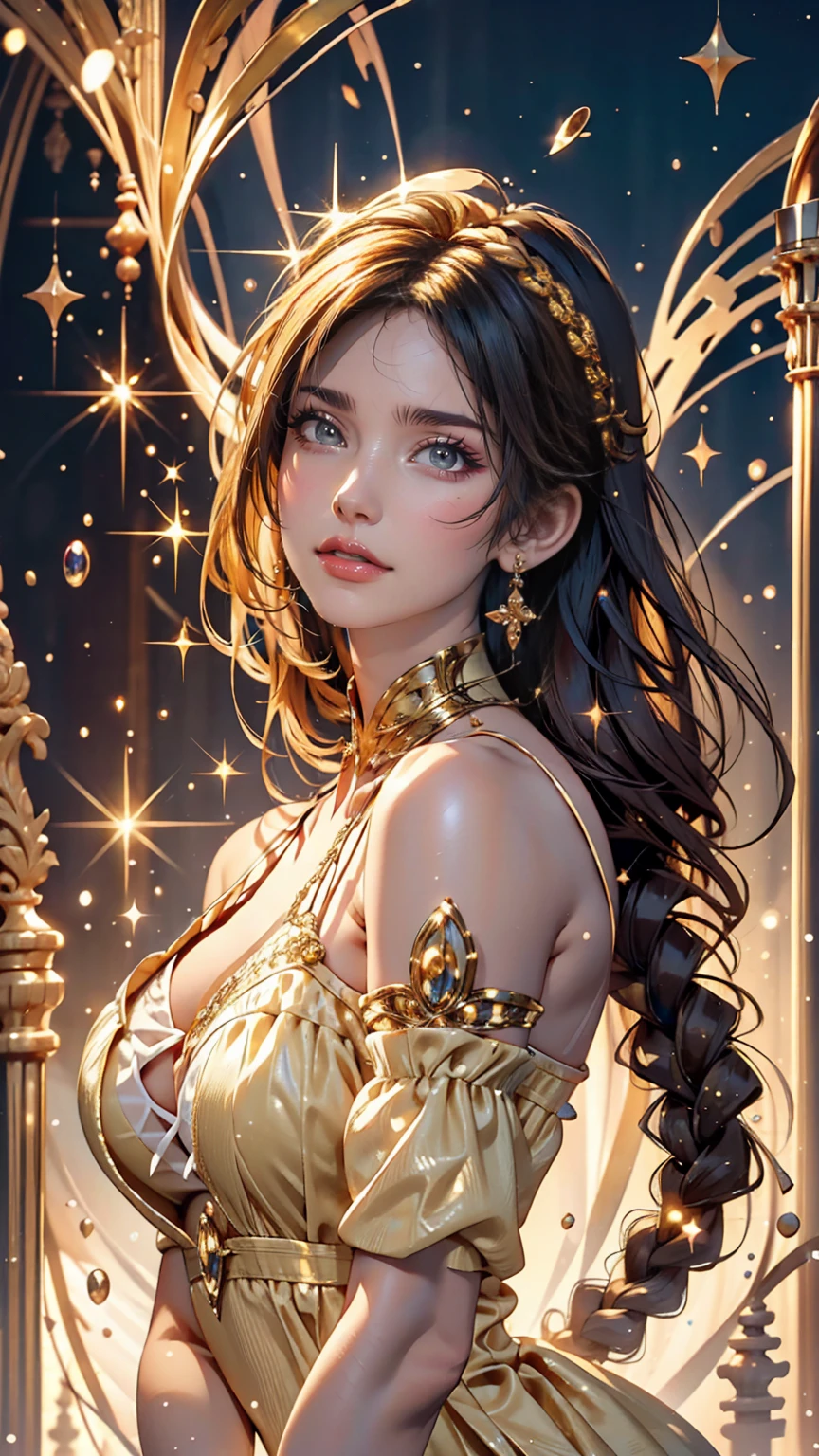 A wonderful masterpiece, Upper Body, (Adult: 1.6) Hungarian woman, (Giggling: 0.4), Place your arms behind your head, Golden braid, Sparkling eyes, victorian sundress, Floating light particles, Centered, Adding facial details