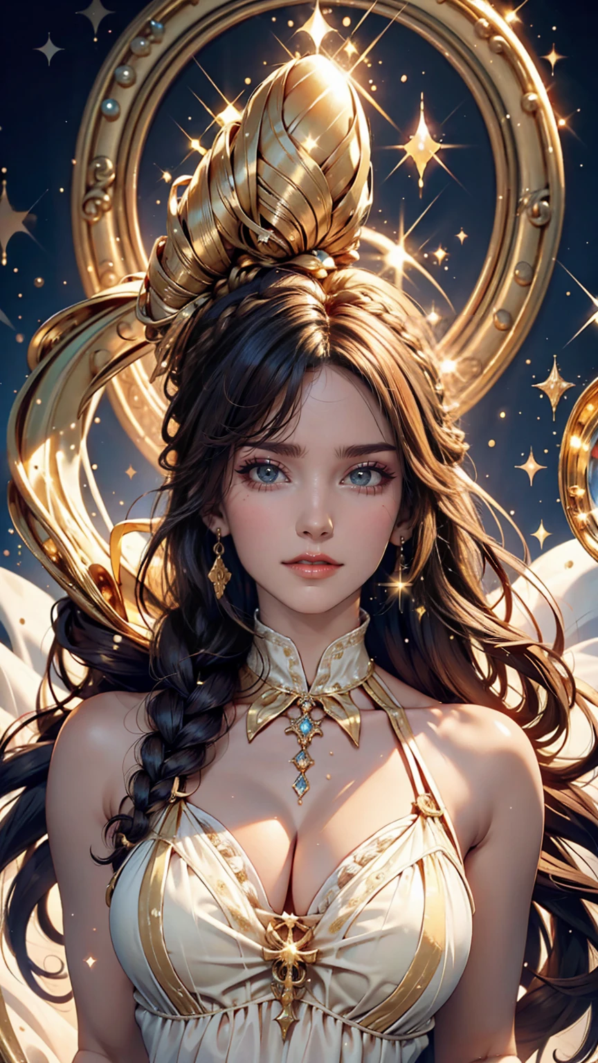 A wonderful masterpiece, Upper Body, (Adult: 1.6) Hungarian woman, (Giggling: 0.4), Place your arms behind your head, Golden braid, Sparkling eyes, victorian sundress, Floating light particles, Centered, Adding facial details