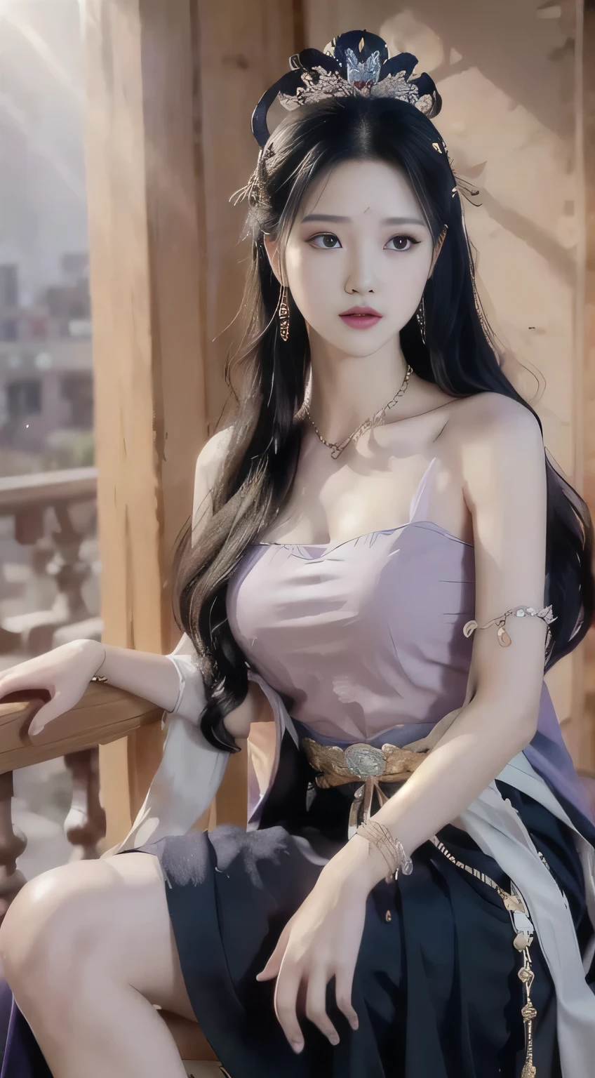  night, Deep blue sky, Purple, Light Purple Dress, Long skirt at chest, long black hair, long hair and waist, Beautiful girl, God, god, White headdress, Sitting on the railing, hair, side fringe, scarf, hair ornament, Forehead Gem, Baolai Jewelry Branch, crescent hair ornament, fish hair ornament, God ray, flash, movie lighting, Lens flare, Ultra HD, High Detail, high quality, high resolution, best quality, 8K, 16K, High Detail, high quality, high quality, Super Detail, Anatomically correct, masterpiece, precise