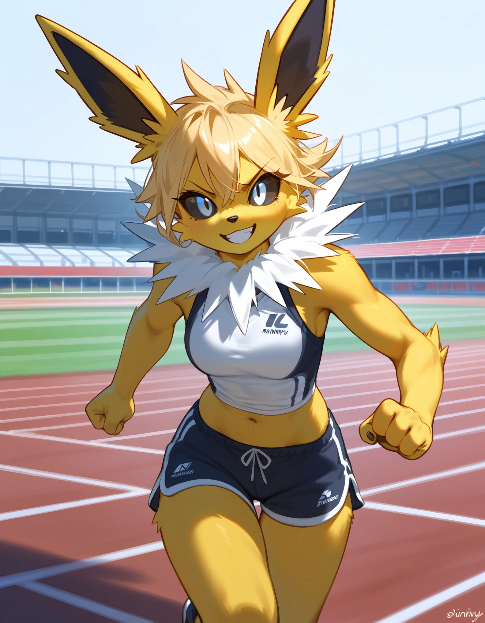 score_9,score_8_up,score_7_up, anthro furry female jolteon pokemon, black sclera, white eyes, wearing white athletic top and shorts, casual pose, tall and slender, outdoors on a track and field track, sunny day, determined expression, running, pov, smiling, running towards viewer, front view