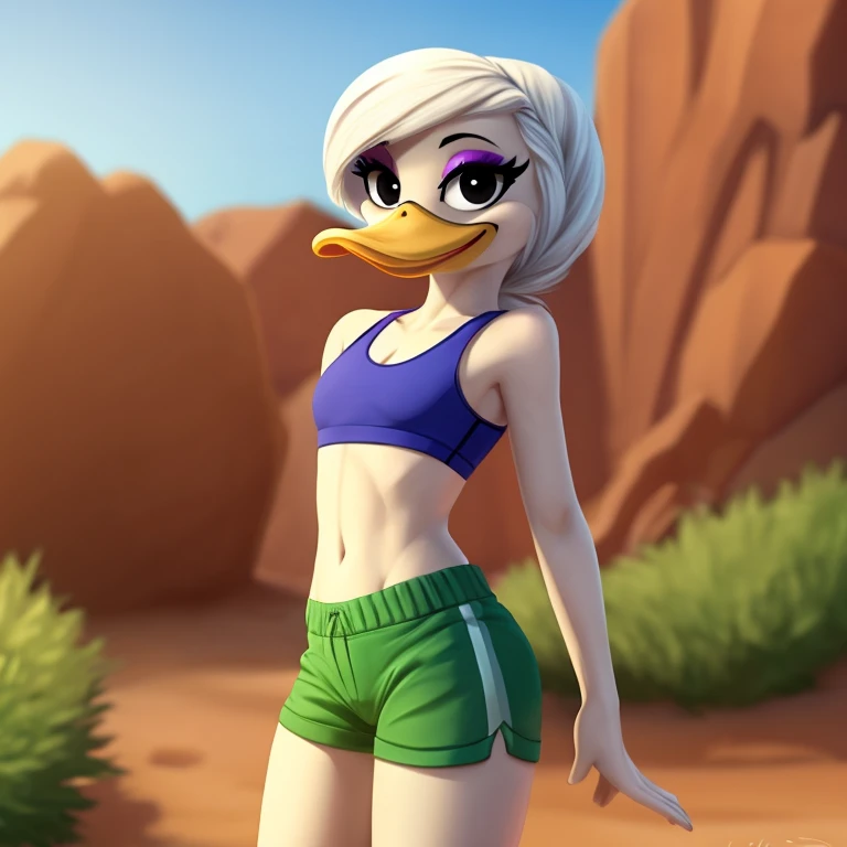 Ellie Silly duck, female, long white hairstyle, orange legs: 1.2, wears green sports bra, detailed, green shorts, happy, smiling, white skin, black eyes, scut tail, rounded flat chested, skinny torso, eyeshadow, ducktales, eyeliner, standing, solo:1.2, duck, beak, intricate, eyeliner, black eyes, (outside), (looking at viewer), (showing her torso),