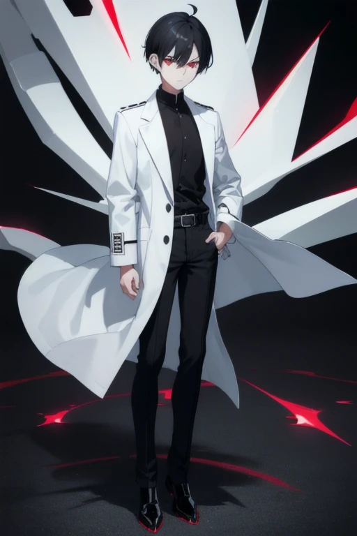 Boy1, solo, black shirt, red eyes, light blue spike hair, white coat, black jean pants, black shoes, serious look, 