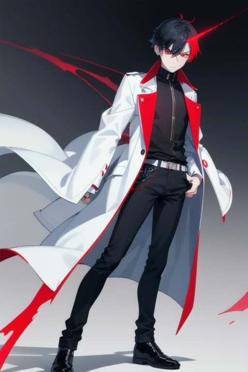Boy1, solo, black shirt, red eyes, light blue spike hair, white coat, black jean pants, black shoes, serious look,