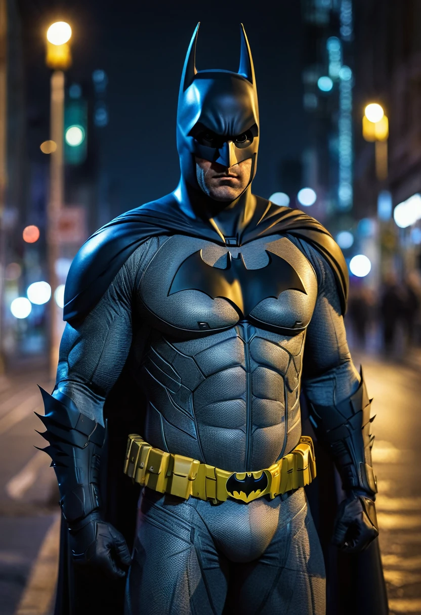 best quality, 8k, very delicate and beautiful, highly detailed face and skin texture, high resolution, batman stand on street in city at night, full body, sharp focus