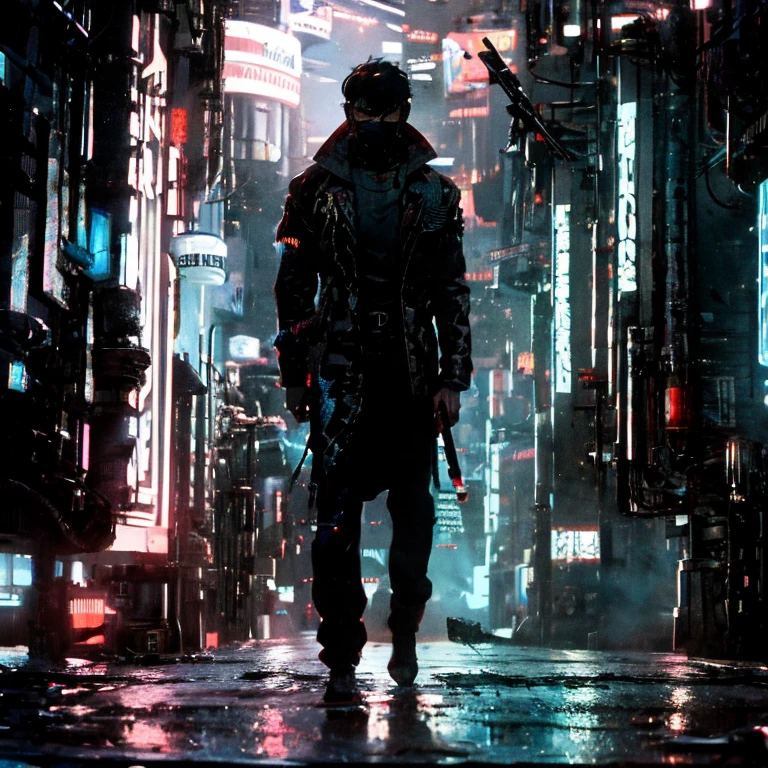 (rule of thirds),((ultra realistic illustration:1.3)).(dark sci-fi),(cyberpunk:1.3). A cold, gritty dystopic mega city at((night)), a gloomy place of despair, brutalism. A cybernetic ninja, a 25 yo Japanese man, with a ponytail, choppy bangs, a red cybernetic right eye, wearing face mask. Armed with katana and kunai. Masterpiece, (highly detailed:1.2),(detailed face and eyes:1.2), 8k wallpaper, Moody lighting. core shadows, high contrast, bokeh.