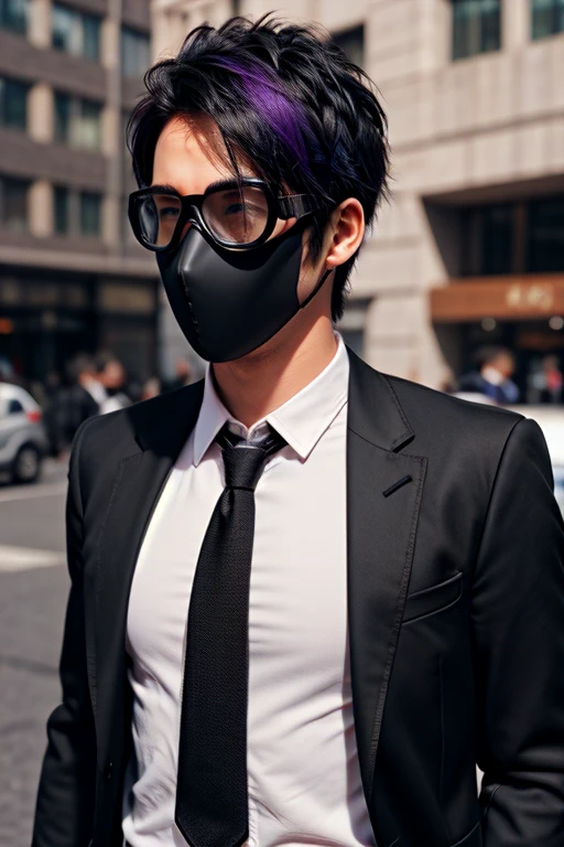 3D man character who wearing black suit , mask and goggle With cool hair