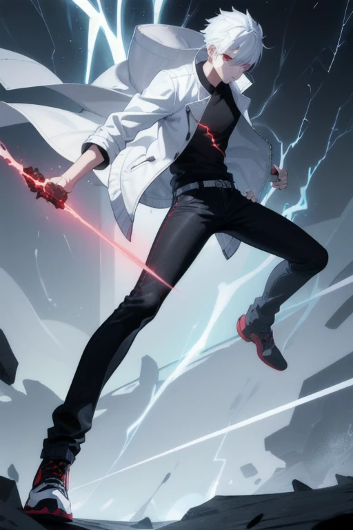 Boy1, solo, black shirt, red eyes, light blue spike hair, white jacket, black jean pants, black shoes, serious look, lightning hands