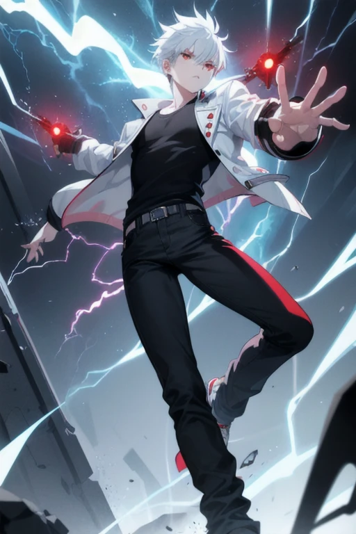Boy1, solo, black shirt, red eyes, light blue spike hair, white jacket, black jean pants, black shoes, serious look, lightning hands