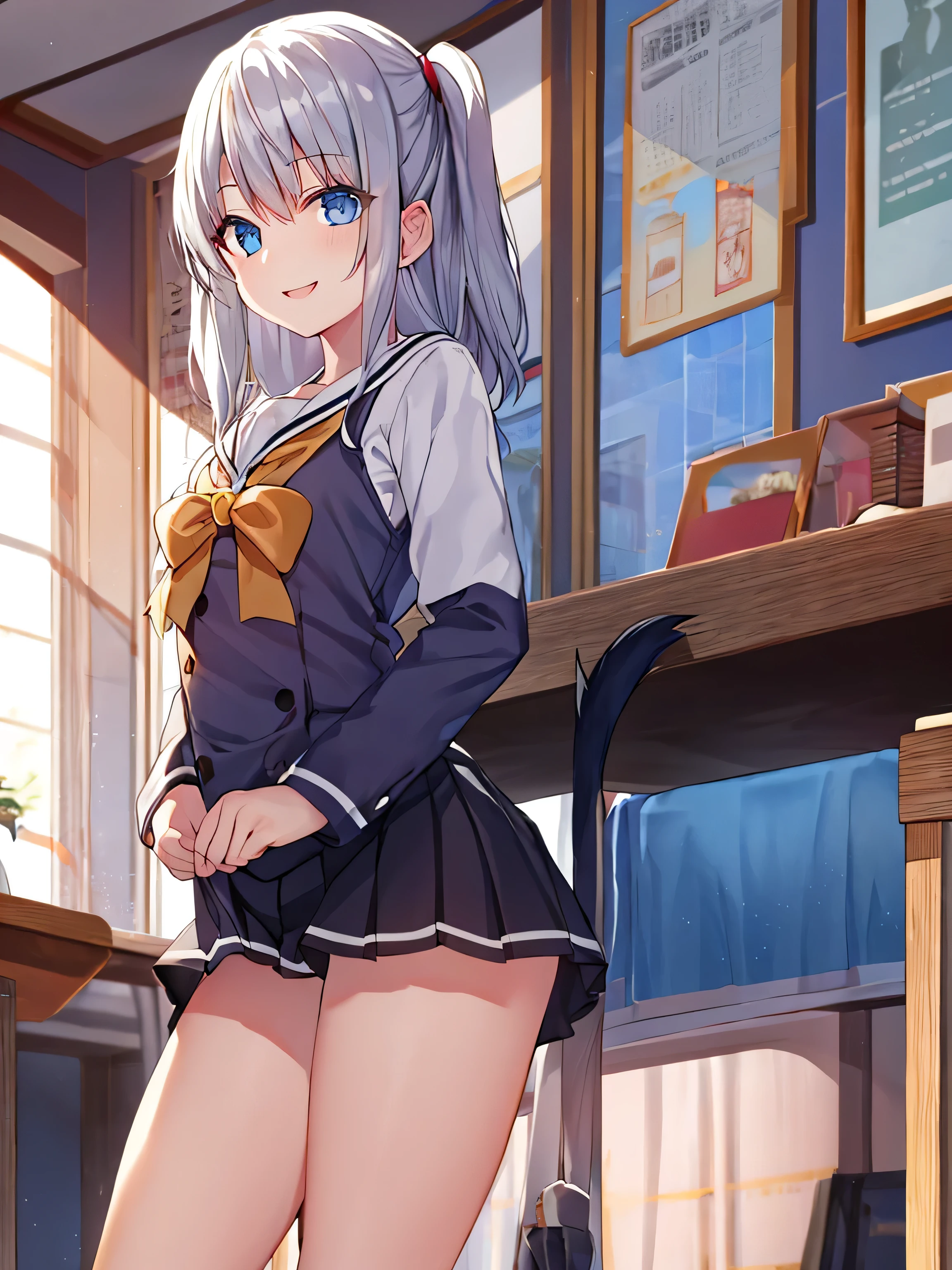 Silver Hair、blue eyes、girl、Small Breasts、Double tail、、girl、Small Breasts、****ta、A big smile、Looks about 15 years old、Petan Niang、short、Emphasize the eyes、Sexy thighs、School、Short-sleeved sailor suit、mini skirt、You have beautiful eyes、emphasize