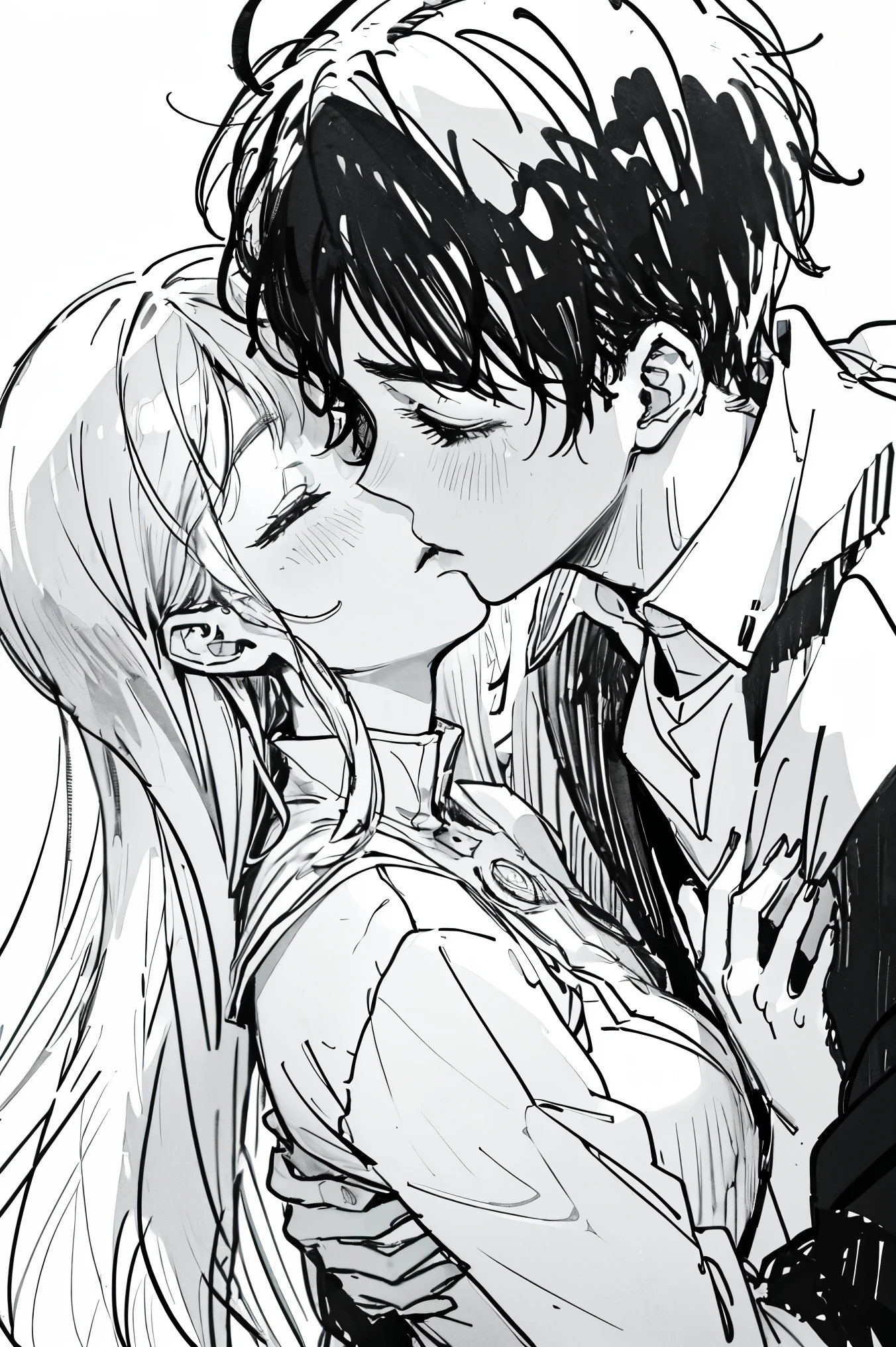 Line art. ((Sketch)). Black and white. An anime style photo. A romance style. Boy and girl close up photo. The girl blushing her face and close her eyes. boy is hug the girl from back. boy kiss girl's neck