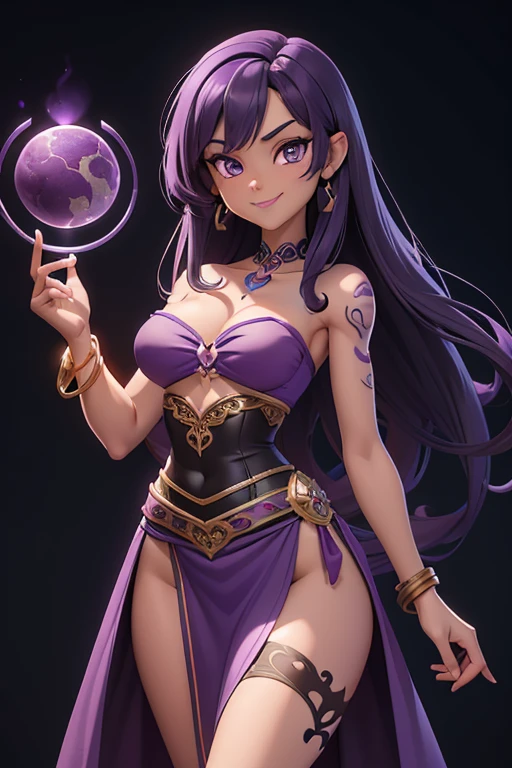 (best quality:1.3), (4K quality),masterpiece, best quality, high res, detailed, (Detailed face:1.2), (Detailed eyes:1.2), (Perfect figure:1.2), CARTOON, ANIME, CARTOON ARTSTYLE, Fantasy style, Fantasy setting, solo, 1girl, 25 year old woman, sorceress, dark skin, purple hair, wavy hair, long hair, purple eyes, mascaras purple eyeshadow, smile, purple lipstick, tattoos, medium breasts, waist, slender legs, attractive body, slim figure, perfect shape, (Wearing: purple strapless top, purple loincloth, pelvic curtain, bracelets), looking at viewer, holding a magical stuff