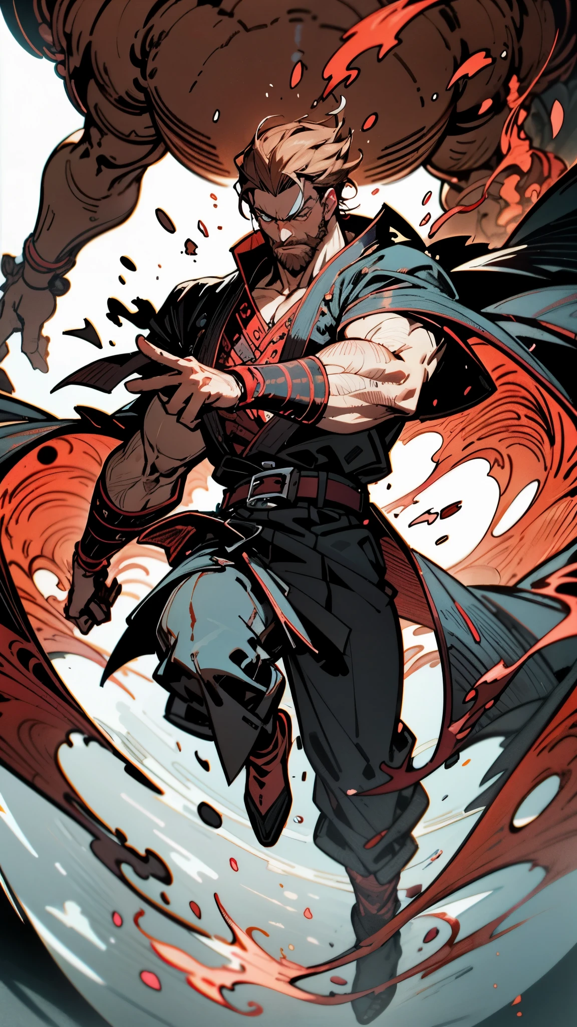 A 50-year-old man with slicked-back reddish-brown short hair, a large beard covering the lower half of his face, piercing eyes, handsome features, an open dark red fantasy martial arts-style robe coat, flowing short sleeves, a black and white undershirt, matching cloth trousers, a metal belt buckle, he exudes a dark red aura of death, strides down a desolate and silent moonlit street, this character embodies a finely crafted fantasy martial arts-style overlord in anime style, exquisite and mature manga art style, dramatic, high definition, best quality, highres, ultra-detailed, ultra-fine painting, extremely delicate, professional, perfect body proportions, golden ratio, anatomically correct, symmetrical face, extremely detailed eyes and face, high quality eyes, creativity, RAW photo, UHD, 32k, Natural light, cinematic lighting, masterpiece-anatomy-perfect, masterpiece:1.5