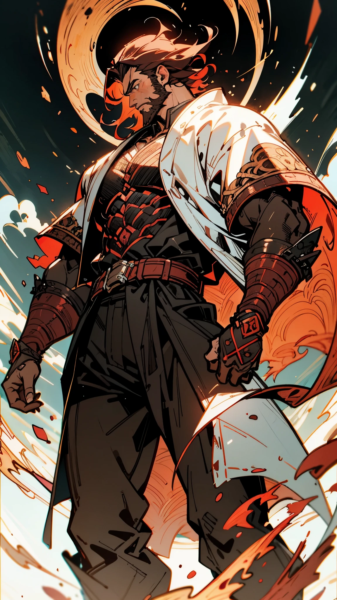 A 50-year-old man with slicked-back reddish-brown short hair, a large beard covering the lower half of his face, piercing eyes, handsome features, an open dark red fantasy martial arts-style robe coat, flowing short sleeves, a black and white undershirt, matching cloth trousers, a metal belt buckle, he exudes a dark red aura of death, strides down a desolate and silent moonlit street, this character embodies a finely crafted fantasy martial arts-style overlord in anime style, exquisite and mature manga art style, dramatic, high definition, best quality, highres, ultra-detailed, ultra-fine painting, extremely delicate, professional, perfect body proportions, golden ratio, anatomically correct, symmetrical face, extremely detailed eyes and face, high quality eyes, creativity, RAW photo, UHD, 32k, Natural light, cinematic lighting, masterpiece-anatomy-perfect, masterpiece:1.5