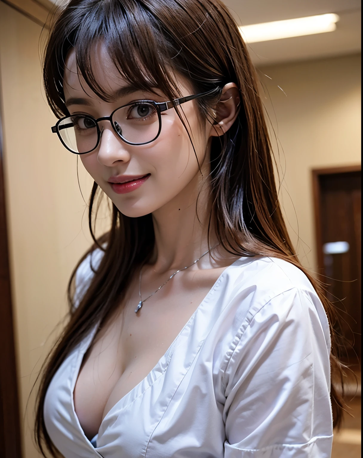 ((highest quality、masterpiece、High resolution))、(((Full body photo:1.95、Age 25、Glasses、Idol、Beautiful Skin、semen、Wet body、Wet Hair、Nurse uniform、Cute Smile:2.5、Cleavage、Big Breasts、hospital、Silver Hair、Medium Hair))), Black Stockings, Detailed beautiful face