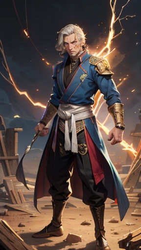 Soon one, ((Red tattoos on head and face), Wise Gaze, Charismatic traits, Sturdy yet slim build, Fantasy-style tight long coat, collar、shoulder、The waist is decorated with gorgeous gold detailing., Matching loose pants, His palms are shining with light, Surrounded by light and electricity, The ground cracks beneath his feet, This character is、It embodies the master of fantasy martial arts style, meticulously crafted in anime style., Exquisite and mature cartoon art style, Mature Men, High resolution, highest quality, High resolution, Super detailed, Ultra-fine painting, Very delicate, Professional, Perfect figure, Golden Ratio, Anatomically correct, Symmetrical face, Highly detailed eyes and face, High quality eyes, creativity, RAW Photos, 超High resolution, 32k, Natural light, Cinema Lighting, masterpiece-anatomy-perfect, masterpiece:1.5