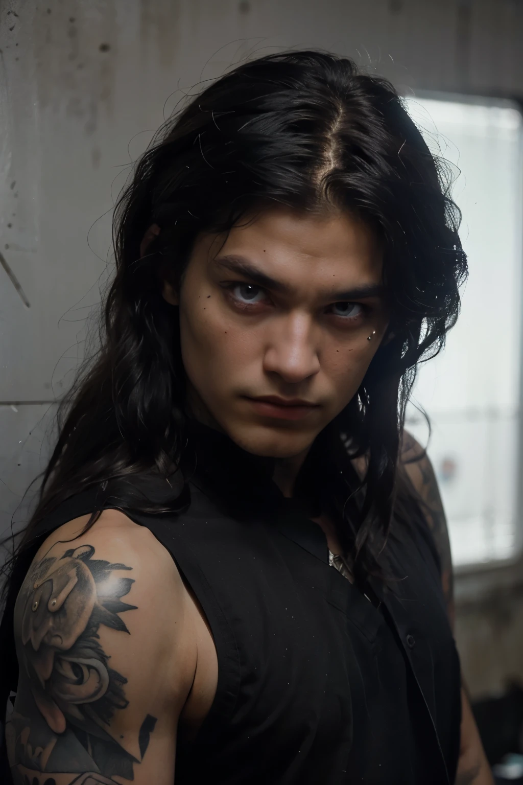 Daemon is a very handsome dark-skinned man with long black hair and violet-blue eyes with a scar from his eyebrow to below his right eye., a cross tattoo on the right side of the face and an unforgettable striking look 