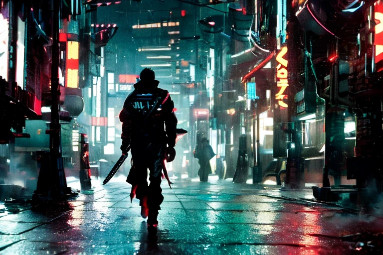 (rule of thirds),((ultra realistic illustration:1.3)).(dark sci-fi),(cyberpunk:1.3). A cold, gritty dystopic mega city at((night)), a gloomy place of despair, brutalism. A cybernetic ninja, a 25 yo Japanese man, with a ponytail, choppy bangs, a red cybernetic right eye, wearing face mask. Armed with katana and kunai. Masterpiece, (highly detailed:1.2),(detailed face and eyes:1.2), 8k wallpaper, Moody lighting. core shadows, high contrast, bokeh.