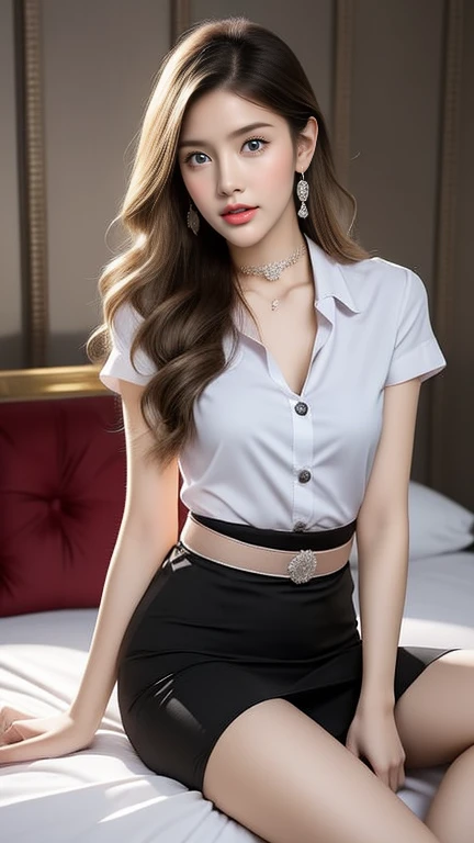(High resolution 8K), Masterpiece, best quality, As a matter of fact ((middle chest)), hair in one eye, purple eyes, very big hoop earrings, sharp eyes, choker, red gemstone necklace, (symmetrical eyes), (The body is perfectly symmetrical.. ), Photo of a beautiful age girl in her 20s., (fit the body), ((In the middle of the bed in a luxurious bedroom)), (black short skirt), university set, (( The young woman wore a tight-fitting white short-sleeved shirt.., The buttare unbuttoned., Open your chest and look at your breasts.lack short pencil skirt The skirt has deep slits at the front of the legs..)), belt, side bangs, blonde hair, Double eyelids, sharp eyeliner, Eyeshadow Blush, Thick eyelashes, Very delicate and beautiful, round chin, Sharp focus.. elegant. Turn your head with your legs open.. Sit down and open your legs.. Separate the right leg over the left leg.. Let your legs open naturally., By separating your legs., dynamic gesture.,University outfit