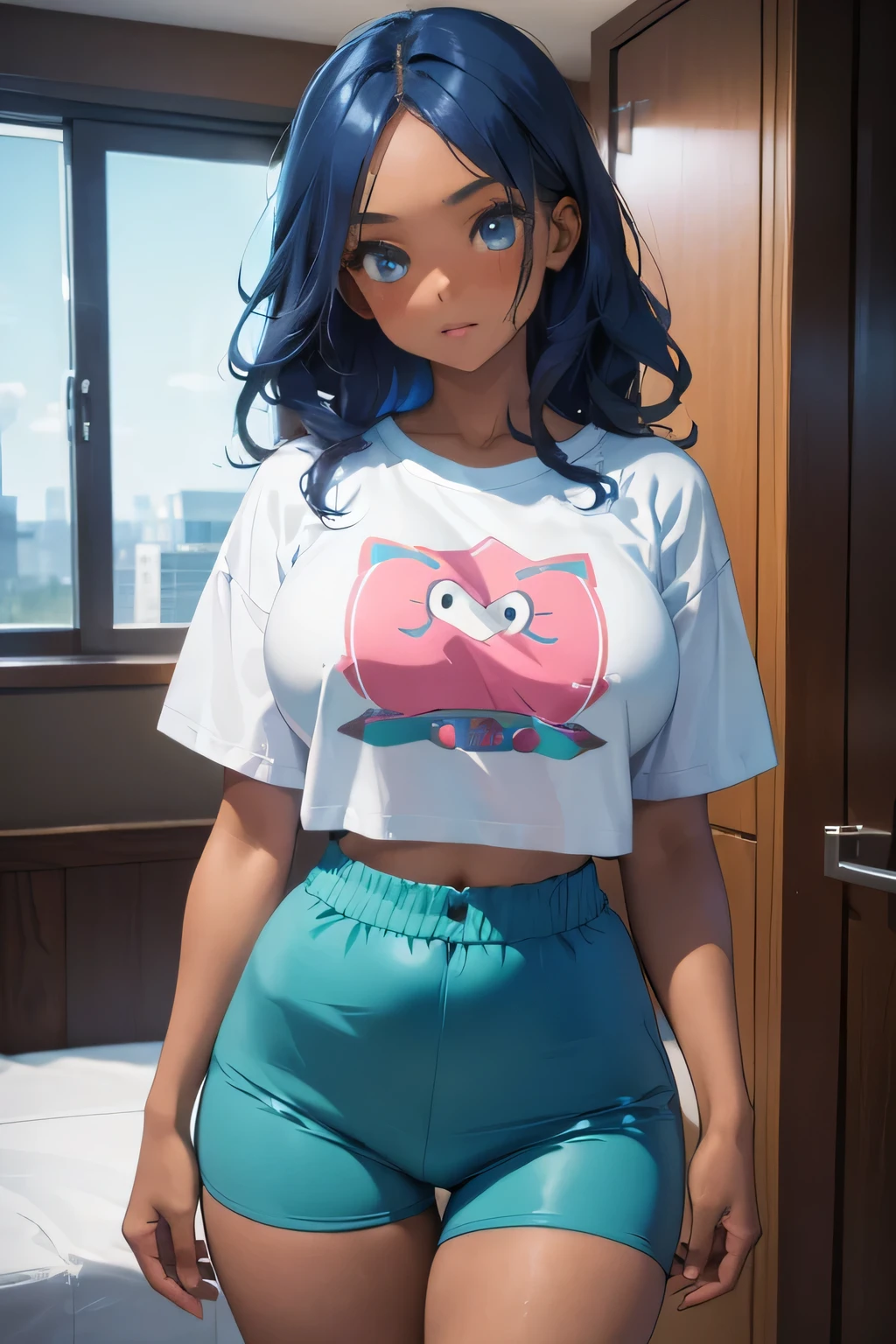 1 girl, single girl, cute, dark skin, tan skin, wavy blue hair, turquoise eyes, big breasts, wide hips, big t-shirt, pajama shorts, in a penthouse
