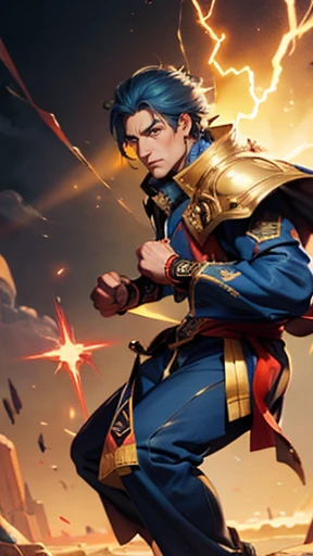 Soon one, ((Red tattoos on head and face), Wise Gaze, Charismatic traits, Sturdy yet slim build, Fantasy-style tight long coat, collar、shoulder、The waist is decorated with gorgeous gold detailing., Matching loose pants, His palms are shining with light, Surrounded by light and electricity, The ground cracks beneath his feet, This character is、It embodies the master of fantasy martial arts style, meticulously crafted in anime style., Exquisite and mature cartoon art style, Mature Men, High resolution, highest quality, High resolution, Super detailed, Ultra-fine painting, Very delicate, Professional, Perfect figure, Golden Ratio, Anatomically correct, Symmetrical face, Highly detailed eyes and face, High quality eyes, creativity, RAW Photos, 超High resolution, 32k, Natural light, Cinema Lighting, masterpiece-anatomy-perfect, masterpiece:1.5