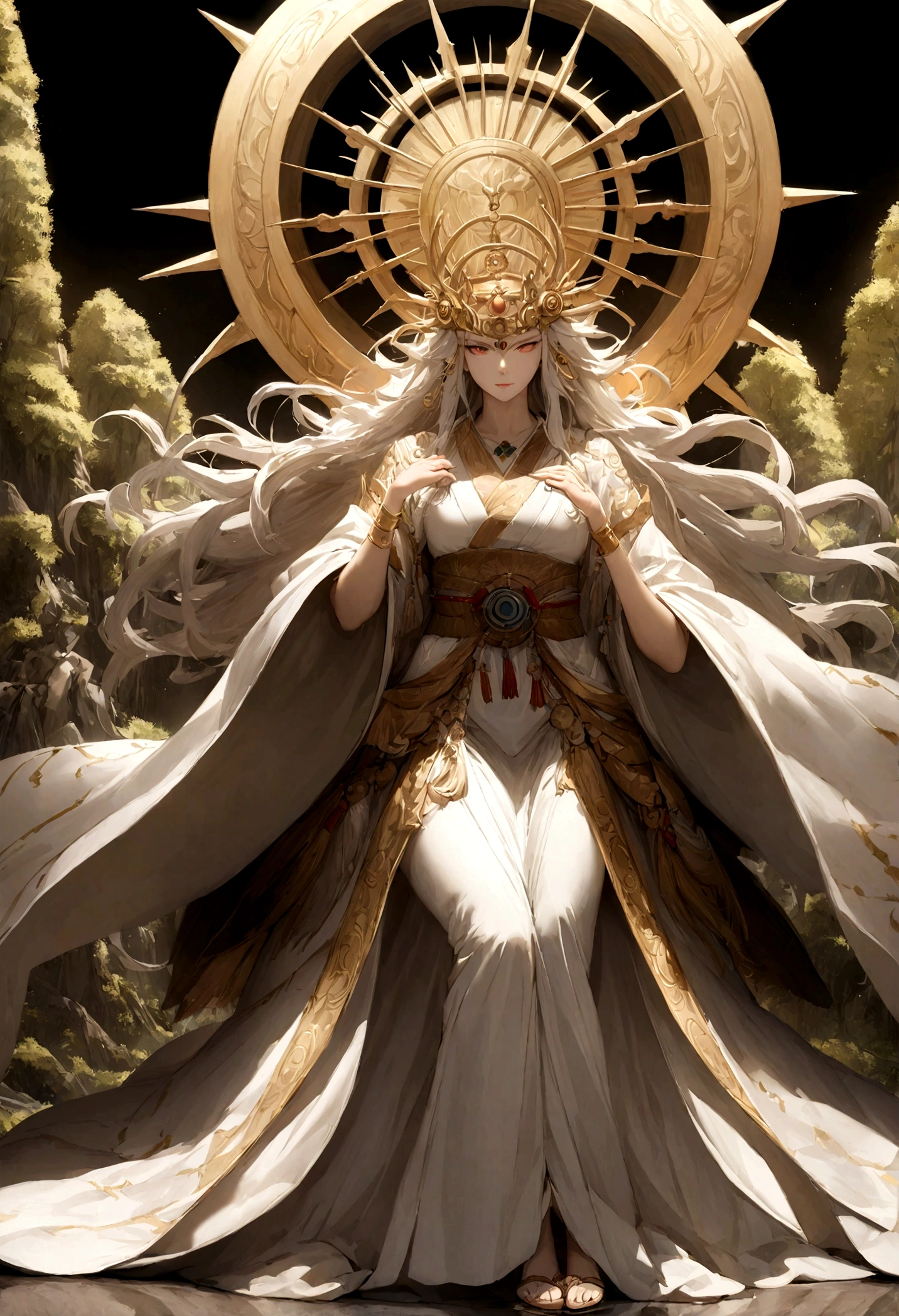 masterpiece, highest quality, ultra-detailed, figure, 1"Create a hyper-realistic image featuring Amaterasu Omikami and Susanoo no Mikoto, two prominent deities from Japanese mythology. Amaterasu Omikami is depicted as a beautiful woman with a serene and radiant aura. She is dressed in a traditional white kimono with intricate Japanese ornaments and holds a sacred mirror. Her expression is calm and composed, symbolizing her role as the sun goddess.

Susanoo no Mikoto, on the other hand, is depicted with wild, unruly hair and an intense, fierce expression. He is dressed in traditional warrior attire with intricate patterns and is holding a sword. His posture is aggressive and dynamic, representing his stormy nature as the god of sea and storms.

Both figures should be shown from head to toe, appearing divine and majestic. The background should evoke a mystical and serene environment, featuring elements such as lush forests, rocky riversides, and traditional Japanese shrines, reflecting the sacred and mythical nature of the scene