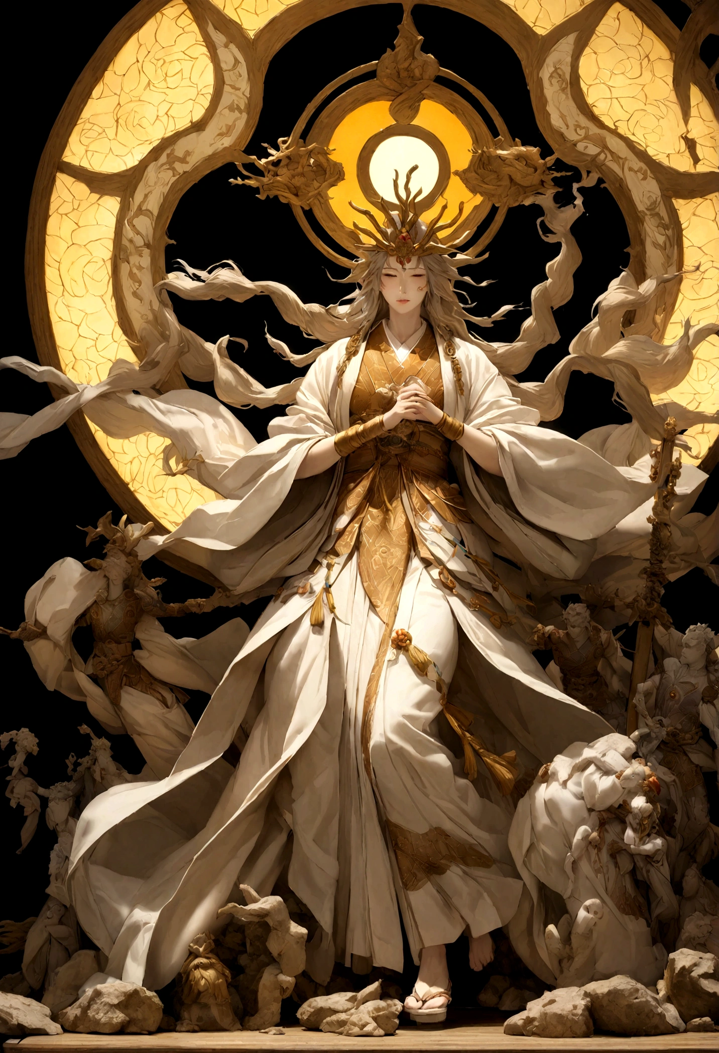 masterpiece, highest quality, ultra-detailed, figure, 1"Create a hyper-realistic image featuring Amaterasu Omikami and Susanoo no Mikoto, two prominent deities from Japanese mythology. Amaterasu Omikami is depicted as a beautiful woman with a serene and radiant aura. She is dressed in a traditional white kimono with intricate Japanese ornaments and holds a sacred mirror. Her expression is calm and composed, symbolizing her role as the sun goddess.
Susanoo no Mikoto, on the other hand, is depicted with wild, unruly hair and an intense, fierce expression. He is dressed in traditional warrior attire with intricate patterns and is holding a sword. His posture is aggressive and dynamic, representing his stormy nature as the god of sea and storms.
Both figures should be shown from head to toe, appearing divine and majestic. The background should evoke a mystical and serene environment, featuring elements such as lush forests, rocky riversides, and traditional Japanese shrines, reflecting the sacred and mythical nature of the scene
