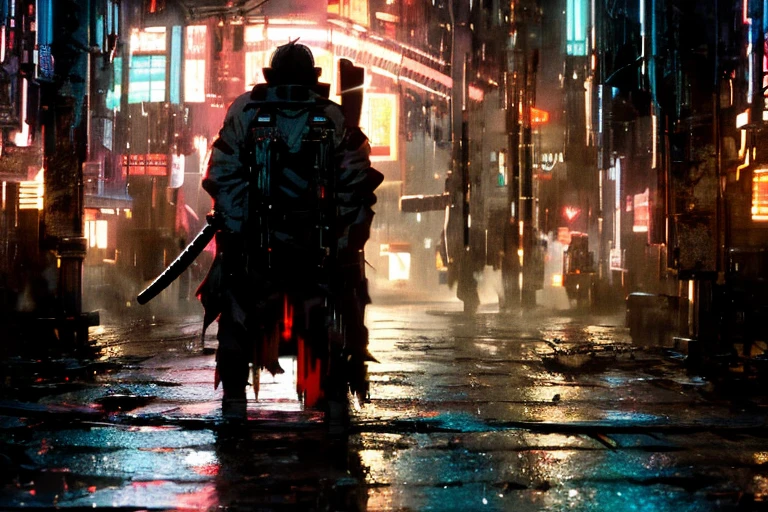 (rule of thirds),((ultra realistic illustration:1.3)).(dark sci-fi),(cyberpunk:1.3). A cold, gritty dystopic mega city at((night)), a gloomy place of despair, brutalism. A cybernetic ninja, a 25 yo Japanese man, with a ponytail, choppy bangs, a red cybernetic right eye, wearing face mask. Armed with katana and kunai. Masterpiece, (highly detailed:1.2),(detailed face and eyes:1.2), 8k wallpaper, Moody lighting. core shadows, high contrast, bokeh.