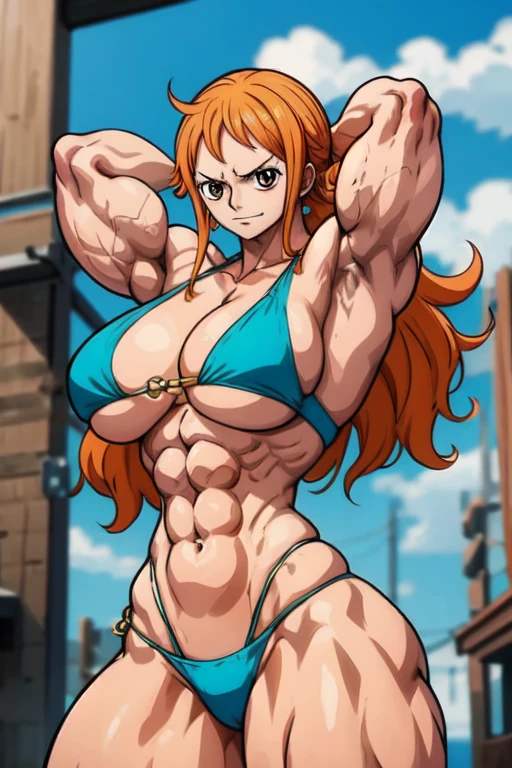 a muscular woman flexing her muscles,nami from one piece,wearing a pink bikini,showing off her biceps abs thighs obliques,full body pose,in a crowded city street,hyperrealistic,highly detailed,dramatic lighting,photorealistic,studio lighting,physically-based rendering,extremely detailed,intricate details,vivid colors,dramatic composition