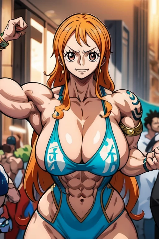 a muscular woman flexing her muscles,nami from one piece,wearing a pink bikini,showing off her biceps abs thighs obliques,full body pose,in a crowded city street,hyperrealistic,highly detailed,dramatic lighting,photorealistic,studio lighting,physically-based rendering,extremely detailed,intricate details,vivid colors,dramatic composition