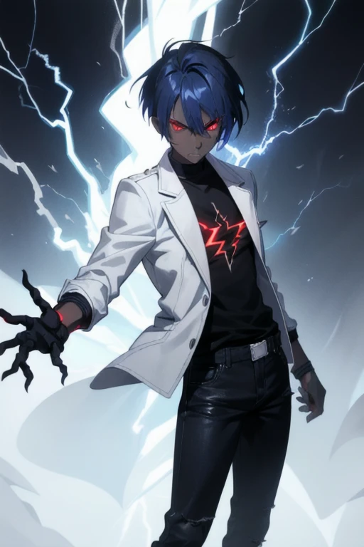 Boy1, solo, black shirt, red eyes, dark skin, spike hair, blue hair, white jacket, black jean pants, black shoes, serious look, lightning hands, glowing veins, electric power,