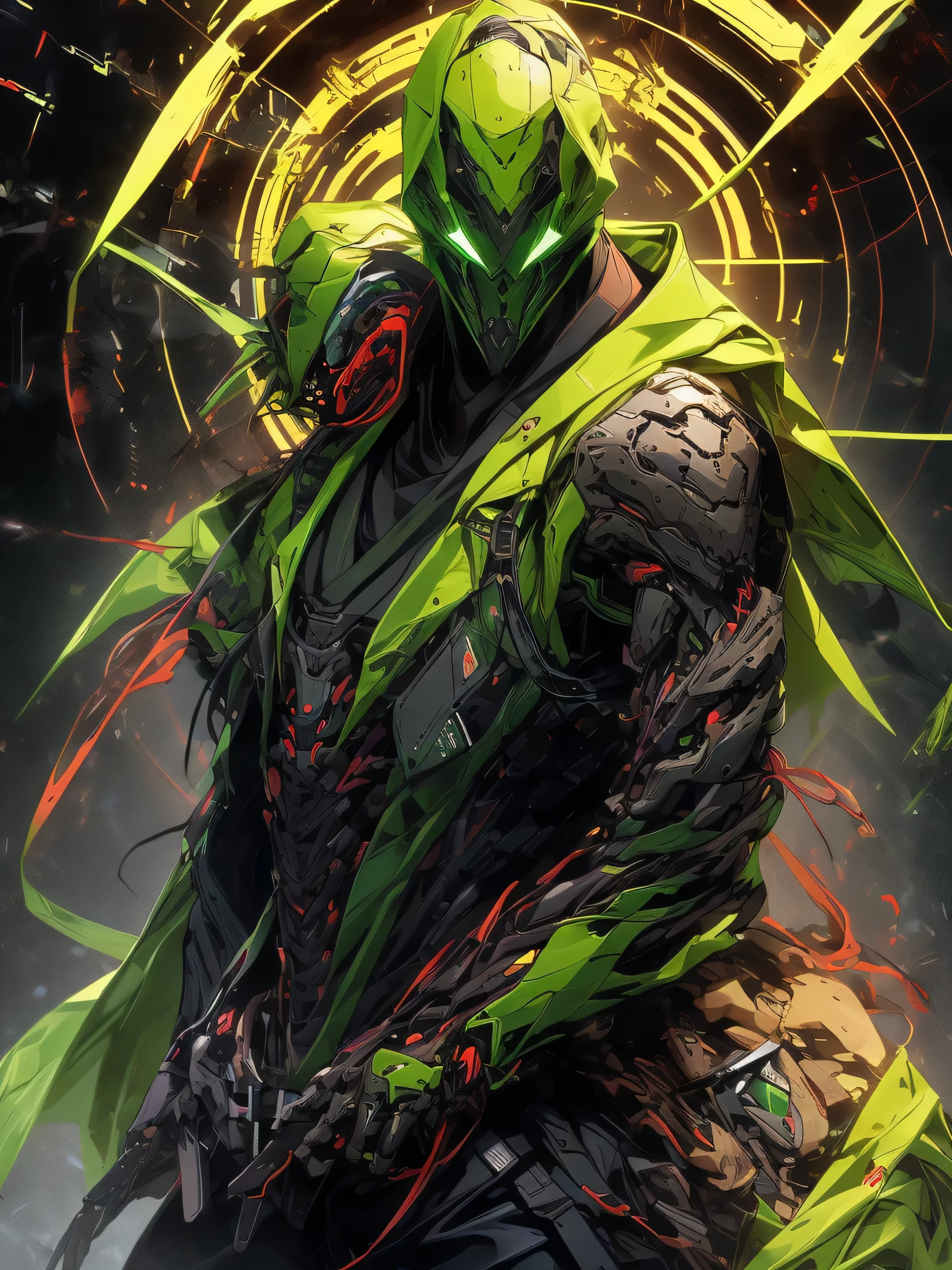 a man in a green jacket and black pants standing in a dark room, wearing cultist green robe, crimson attire, character from mortal kombat, as a character in tekken, fighting game character, cyberpunk assassin, green hooded mage, cyberpunk outfits, crimson clothes, the green ninja, wearing leather assassin armor, an edgy teen assassin, cool green jacket, cyberpunk street goon