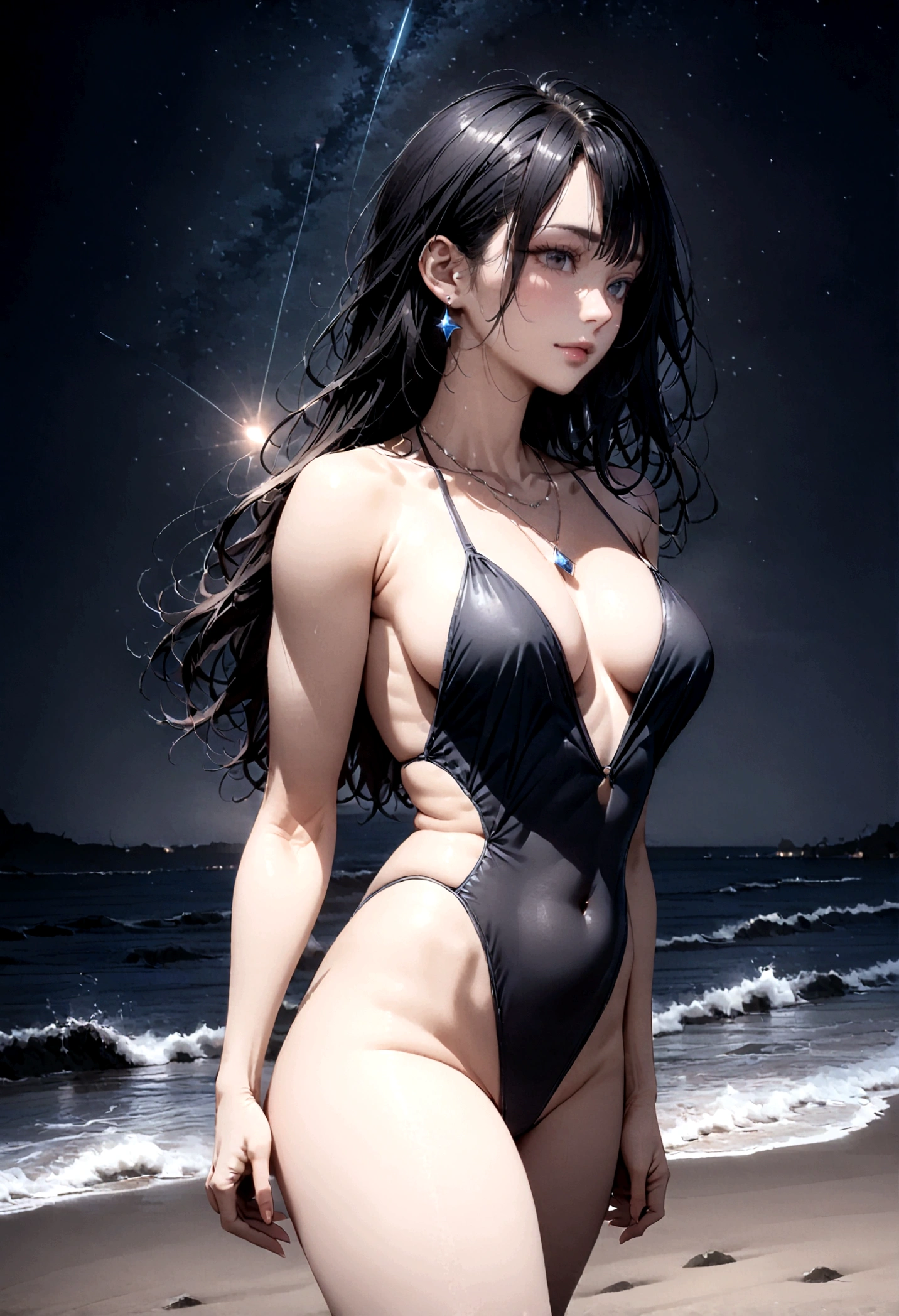 8k, masterpiece, RAW Photos, highest quality, Realistic, Very detailed, Depth of written boundary, Cinematic Light, Anatomically correct body, 
One beautiful 40 year old woman, Very beautiful face, Exquisitely detailed face, (A calm and gentle face:1.4), Very delicate skin texture, Transparent muscle, Shiny white skin, Glamorous Body, 
(Wavy black long hair:1.2), Sexy Breasts, Sexy ass, 
(Bold high-cut swimsuit:1.2), (Detailed cloth texture:1.2), (Gorgeous necklace:1.1), (Gorgeous earrings:1.1), 
(Dark starry background:1.4), (Milky Way:1.1), (milky way:1.1), (shooting star:1.1), (Dark coastline at night:1.4), (Pitch black sea surface:1.4), 
(Standing on the beach:1.2), 
(Low angle shot:1.3), 