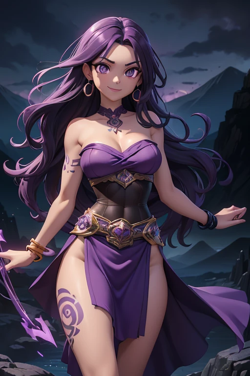 (best quality:1.3), (4K quality),masterpiece, best quality, high res, detailed, (Detailed face:1.2), (Detailed eyes:1.2), (Perfect figure:1.2), CARTOON, ANIME, CARTOON ARTSTYLE, Fantasy style, Fantasy setting, solo, 1girl, 25 year old woman, sorceress, dark skin, purple hair, wavy hair, long hair, purple eyes, mascaras purple eyeshadow, smile, purple lipstick, tattoos, medium breasts, waist, slender legs, attractive body, slim figure, perfect shape, (Wearing: purple strapless top, purple loincloth, pelvic curtain, bracelets), looking at viewer, both hands glowing bright purple, purple magic, bright purple sparks in both hands, BREAK (Night time, gloomy and isolated tone, outdoors, dark clouds in the sky, purple lighting, gorgeous view of the mountains)