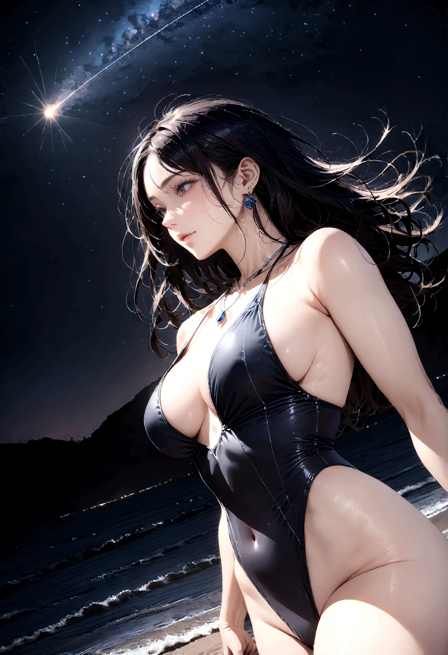 8k, masterpiece, RAW Photos, highest quality, Realistic, Very detailed, Depth of written boundary, Cinematic Light, Anatomically correct body,
One beautiful 40 year old woman, Very beautiful face, Exquisitely detailed face, (A calm and gentle face:1.4), Very delicate skin texture, Transparent muscle, Shiny white skin, Glamorous Body,
(Wavy black long hair:1.2), Sexy Breasts, Sexy ass,
(Bold high-cut swimsuit:1.2), (Detailed cloth texture:1.2), (Gorgeous necklace:1.1), (Gorgeous earrings:1.1),
(Dark starry background:1.4), (Milky Way:1.1), (milky way:1.1), (shooting star:1.1), (Dark coastline at night:1.4), (Pitch black sea surface:1.4),
(Standing on the beach:1.2),
(Low angle shot:1.3),