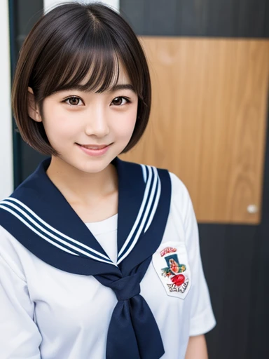  Japanese Girls, 8k, Legal Photography, highest quality, masterpiece, Realistic, Photorealistic ultra-detailed, One Girl, cute, The best smile, Beautiful brown eyes, Short Bob Hair,Black Hair,Young face,Sailor suit,high school student,17 years old,classroom,Clear skin,Red cheeks