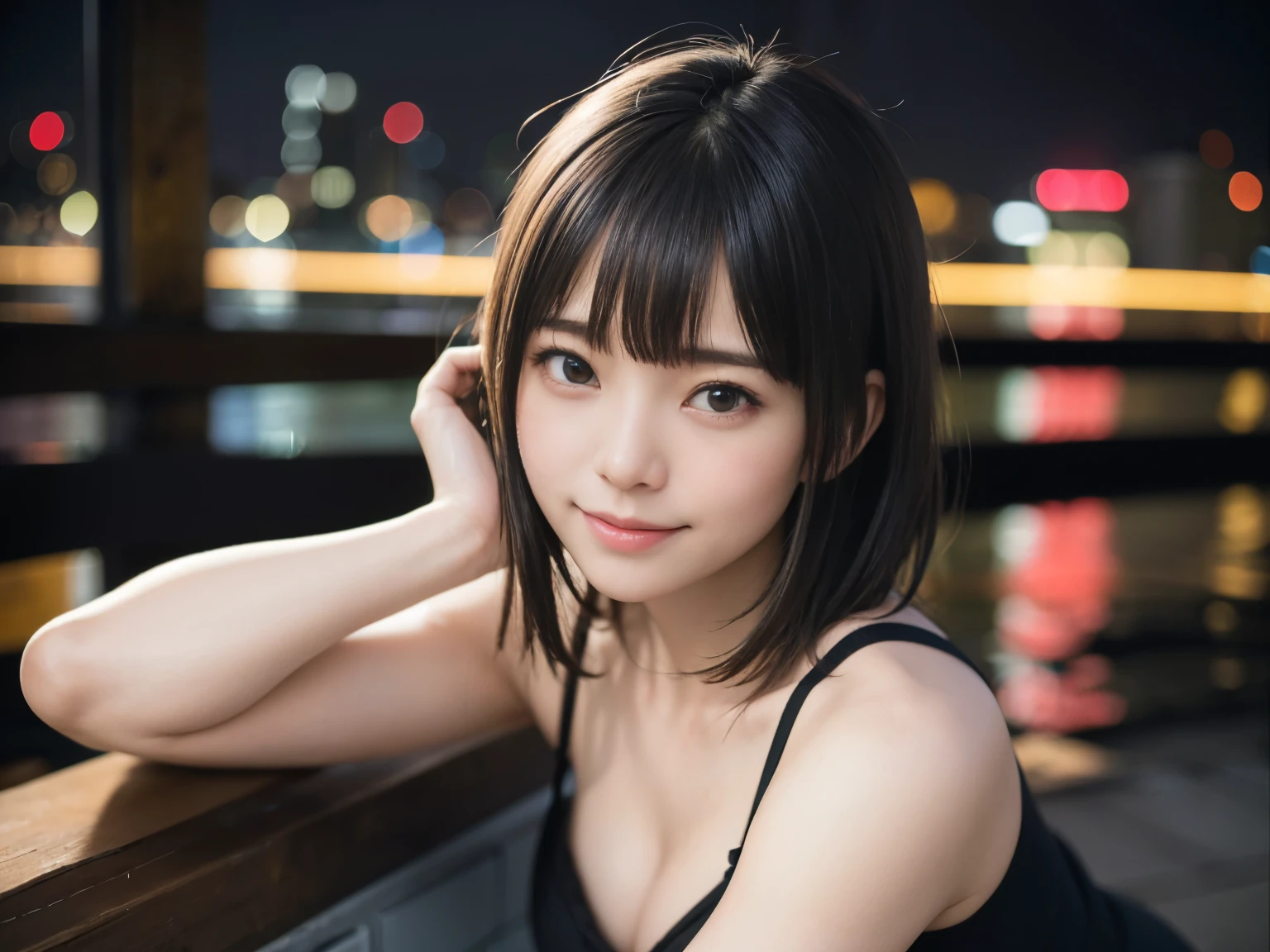 (Realistic: 1.4), (highest quality: 1.4), Ultra-high resolution, (fine grain),Full Body Shot,((Pose for gravure photography)),1. High school girl、Ultra short hair、(Berry Short)、(Straight bangs)、,1 girl, Tokyo, night, Cityscape, City lights, Black camisole,Black pleated skirt, smile, (8k, RAW Photos, highest quality, masterpiece: 1.2), (Genuine, photoGenuine: 1.37),smile,Idol,