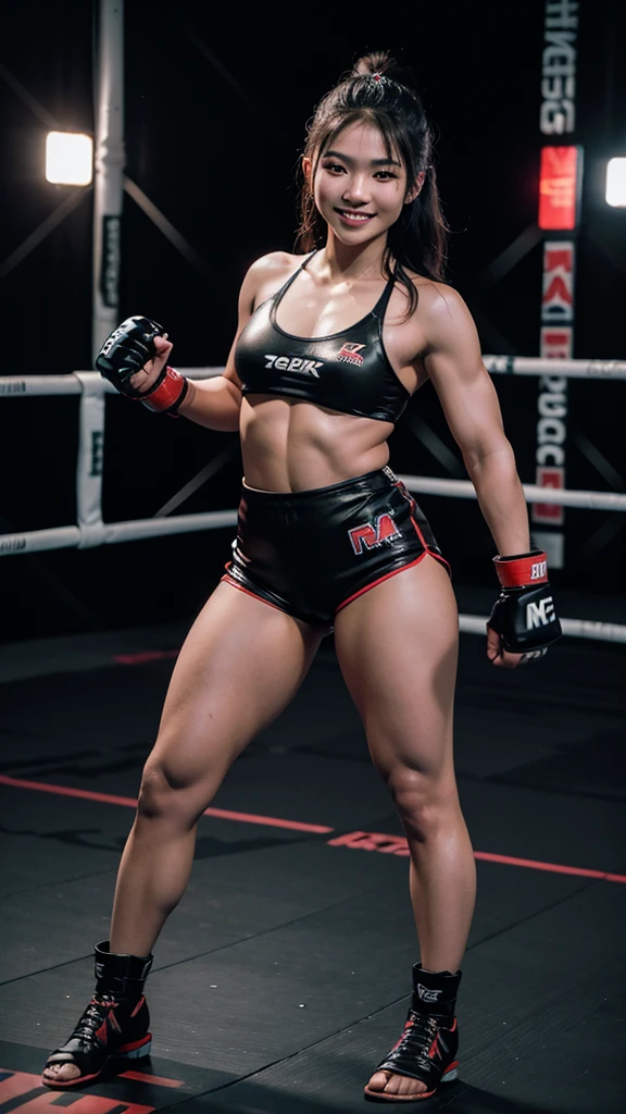 Beautiful Indonesian girl ((MMA Fighter)), ((naked)), fight cage arena, neon lights, smiling, ((muscular)), big breasts, white skin, (black shorts) (MMA gloves) ((oiled body)), Ultra detailed, detailed face, high resolution, uhd, 8k,  full body potrait, looking at camera.