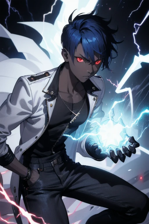 Boy1, solo, black shirt, red eyes, dark skin, spike hair, blue hair, white jacket, black jean pants, black shoes, serious look, lightning hands, glowing veins, electric power, glowing hands, electric hands,