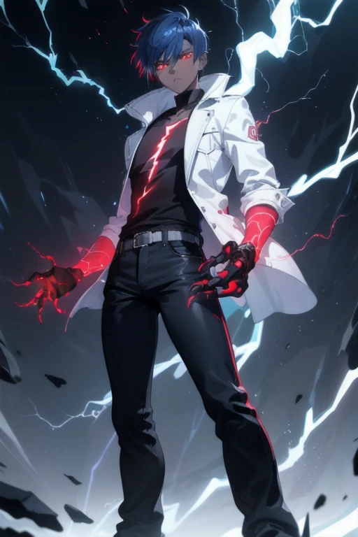 Boy1, solo, black shirt, red eyes, dark skin, spike hair, blue hair, white jacket, black jean pants, black shoes, serious look, lightning hands, glowing veins, electric power, glowing hands, electric hands, 