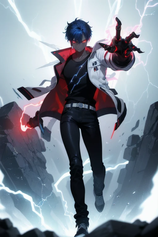 Boy1, solo, black shirt, red eyes, dark skin, spike hair, blue hair, white jacket, black jean pants, black shoes, serious look, lightning hands, glowing veins, electric power, glowing hands, electric hands,