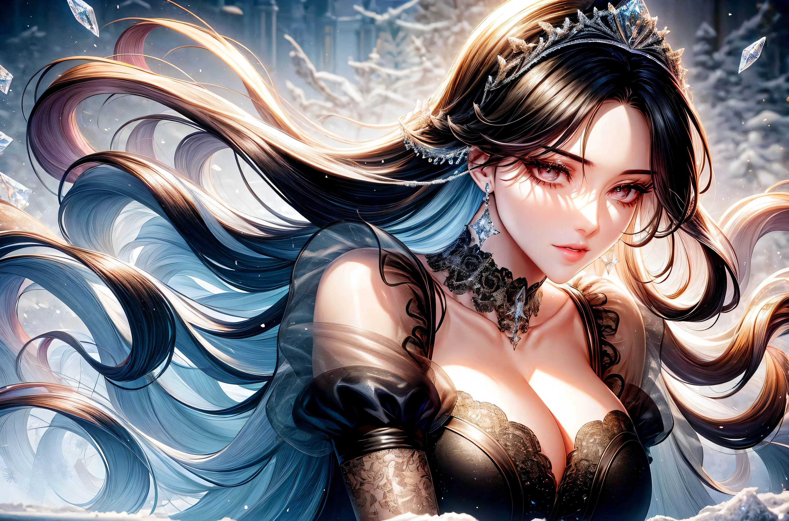 shoujo-style, frostedstyle, (romance manhwa), 1girl, milf has short black hair, frozen, ice, crystalline, dress, tiara, white dress, gloves, long sleeves, choker, black eyes, mascara, makeup, elbow gloves, bow, floating hair, bra, jewelry, looking at viewer, collarbone, puffy sleeves, golden accessories, upper body, parted bangs, very long hair, black dress, frills, bangs, closed mouth, outdoors, detailed eyes, dynamic cut, 