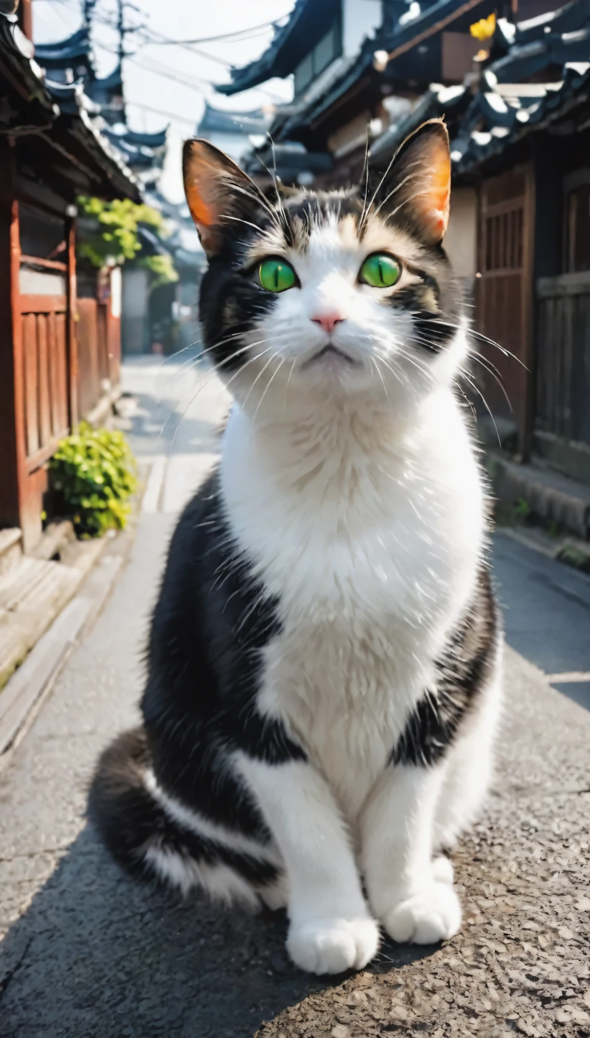 Three-haired cat、、わが物顔で散策するThree-haired cat、遊歩道を歩くThree-haired cat、Old Japan cityscape、Green Road、Different world、Create silence、