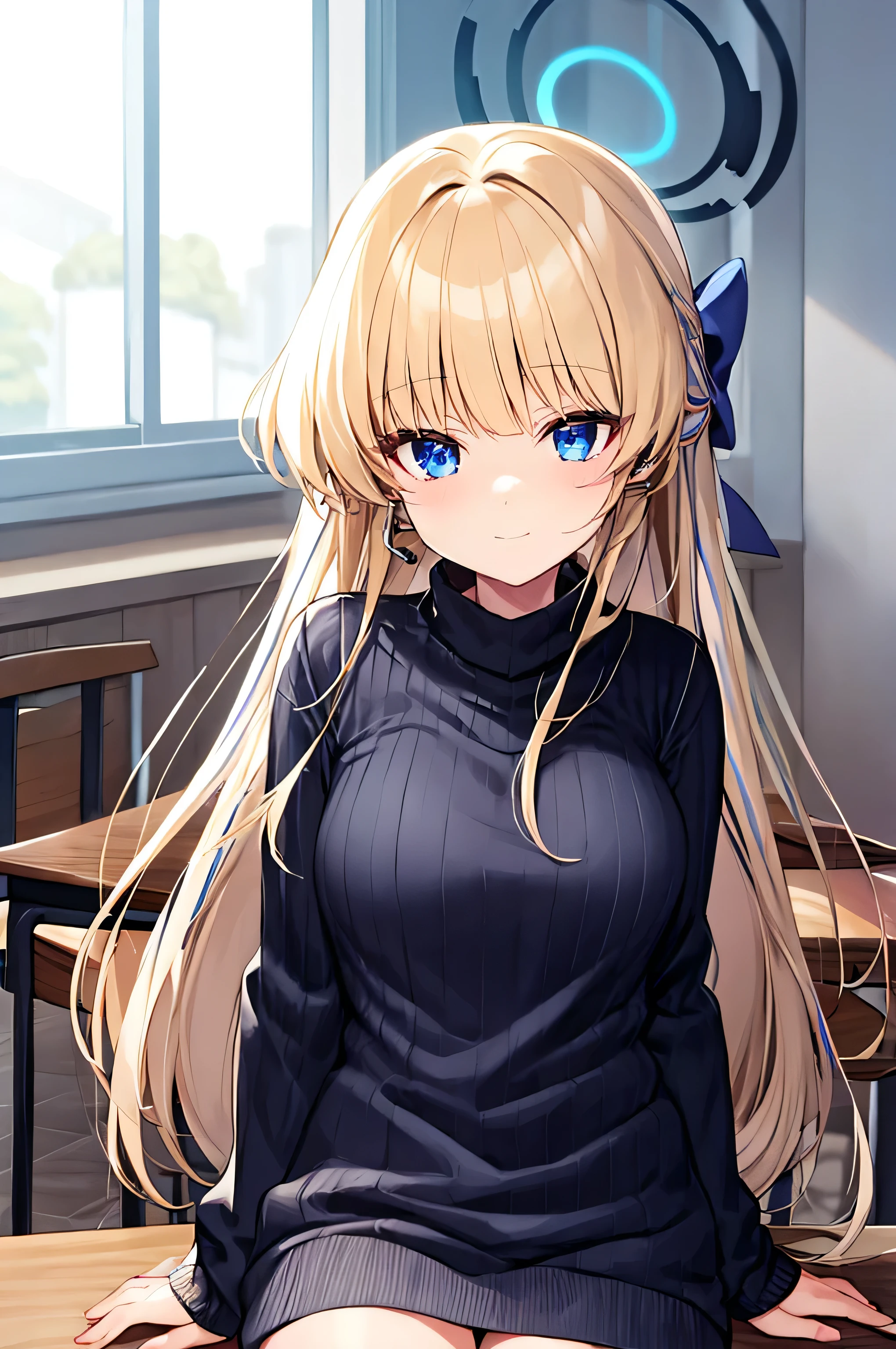 Kawaii　a beautiful girl　a blonde　Long hair　bob cuts　Light blue eyes　((Black Sweater))　turtleneck sweater　Long sleeve　Cute Sleeves　Pants 　Brown boots　Garden　School　((High level of image quality　high quality　Ultra Detailed　8K)) Limited to 1 person　Smile　1 girl in　A delicate and delicate face　Ruffle skirt　Beautiful and delicate eyes　fine details　Amaryllis　((Anime style illustration))　High school student　solo　Medium bust　Kawaii pose　Teak　Cute clothes　‎Classroom　Sitting at a desk　light blue hairpin　Landmines　Embarrassed expression