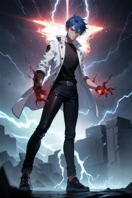 Boy1, solo, black shirt, red eyes, brown skin, spike hair, blue hair, white jacket, black jean pants, black shoes, serious look, lightning hands, glowing veins, electric power, glowing hands, electric hands,