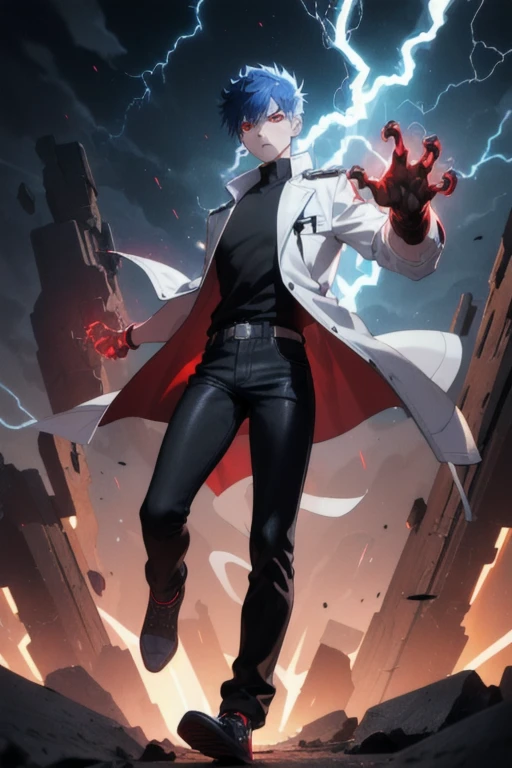 Boy1, solo, black shirt, red eyes, brown skin, spike hair, blue hair, white jacket, black jean pants, black shoes, serious look, lightning hands, glowing veins, electric power, glowing hands, electric hands, 